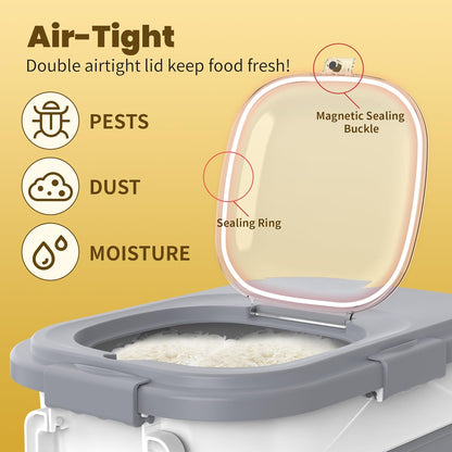 HOYTAMDA 30-40Lbs Rice Container,Collapsible Airtight Food Storage Containers with Wheels,Handle,Rice Storage Container with Small Bin and Scoop,Rice Dispenser for Flour Sugar Cereal Grain Dog Cat