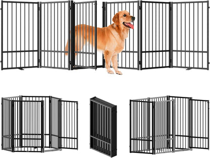 Full Metal Freestanding Dog Gate with Door, 36''Height Foldable Pet Dog Fence for Indoor & Outdoor, 6 Panels Extra Wide Free Standing TallDog Gates for Doorways,House,Stairs,Porch,Deck,Yard