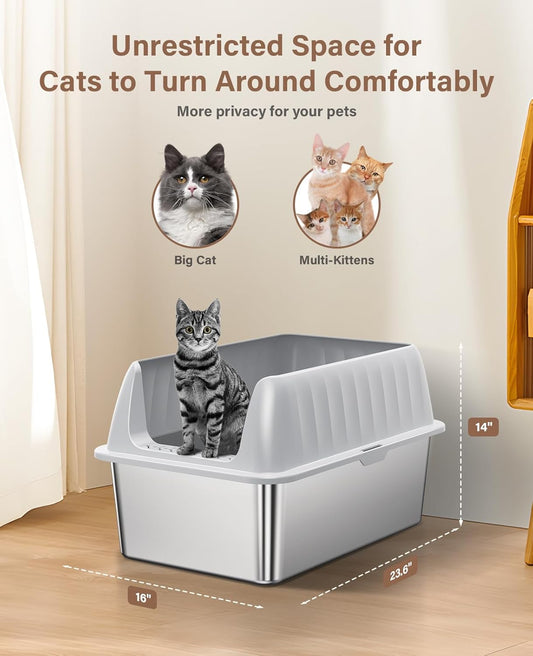 Cat Litter Box Stainless Steel XL with Lid, Enclosed Metal Extra Large Litter Box Pan High Sided with Scoop for Big Cats, Non-Sticky, Anti-Urine Leakage, Easy Cleaning