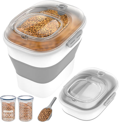 32-35 Lbs Dog Food Storage Container,Collapsible Dog Food Container with Transparent Airtight Lid,Wheels,Date Track,Pet Food Storage Container for Rice,Flour,Sugar,Scoop And 2PCS Containers