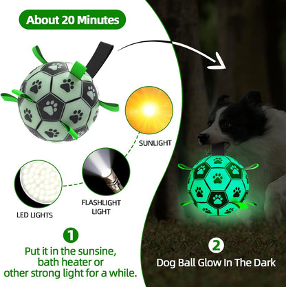 QDAN Glow in The Dark Dog Toys Soccer Ball with Straps - Light Up Dog Balls for Large Dogs, Interactive Dog Toys with Strap for Tug of War,Puppy Birthday Gifts (8 Inch)