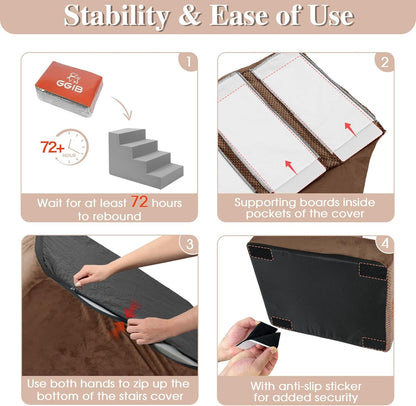 GGIB Dog Stairs for Small Dogs Cats Non-Slip Dog Steps for High Bed Pet Stairs for Sofa Couch Pet Ramp Pet Steps with Removable Washable Cover, Brown, 17" H, 4-Step