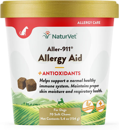 NaturVet Aller-911 Advanced Allergy Aid for Dogs, Cats – Antioxidant-Rich Pet Supplement with Omegas, DHA, EPA – Helps Support Dog Immune System, Cat Respiratory Health, Skin Moisture 70 Soft Chews