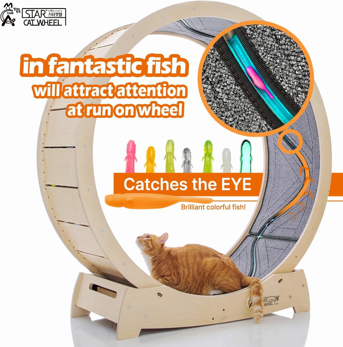 Star Cat Wheel, Cat Treadmill, Exercise Wheel for Running, Spinning, Scratching, and Climbing for Indoor Cats, Premium Birch Wood, Eco-Friendly, Moving Fish, Wide Running Track, 41.7 inch L Size