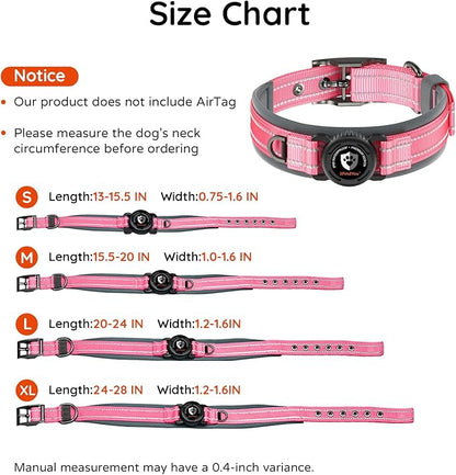 Upgraded AirTag Dog Collar with Holder, Waterproof Reflective Air Tag Dog Collar with Widened Comfortable Padding & Ultra-Durable Metal Buckle, Adjustable for Large Dogs (L, Rose Red)