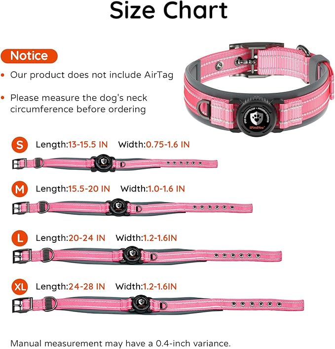 Upgraded AirTag Dog Collar with Holder, Waterproof Reflective Air Tag Dog Collar with Widened Comfortable Padding & Ultra-Durable Metal Buckle, Adjustable for Medium (Rose Red, Small)