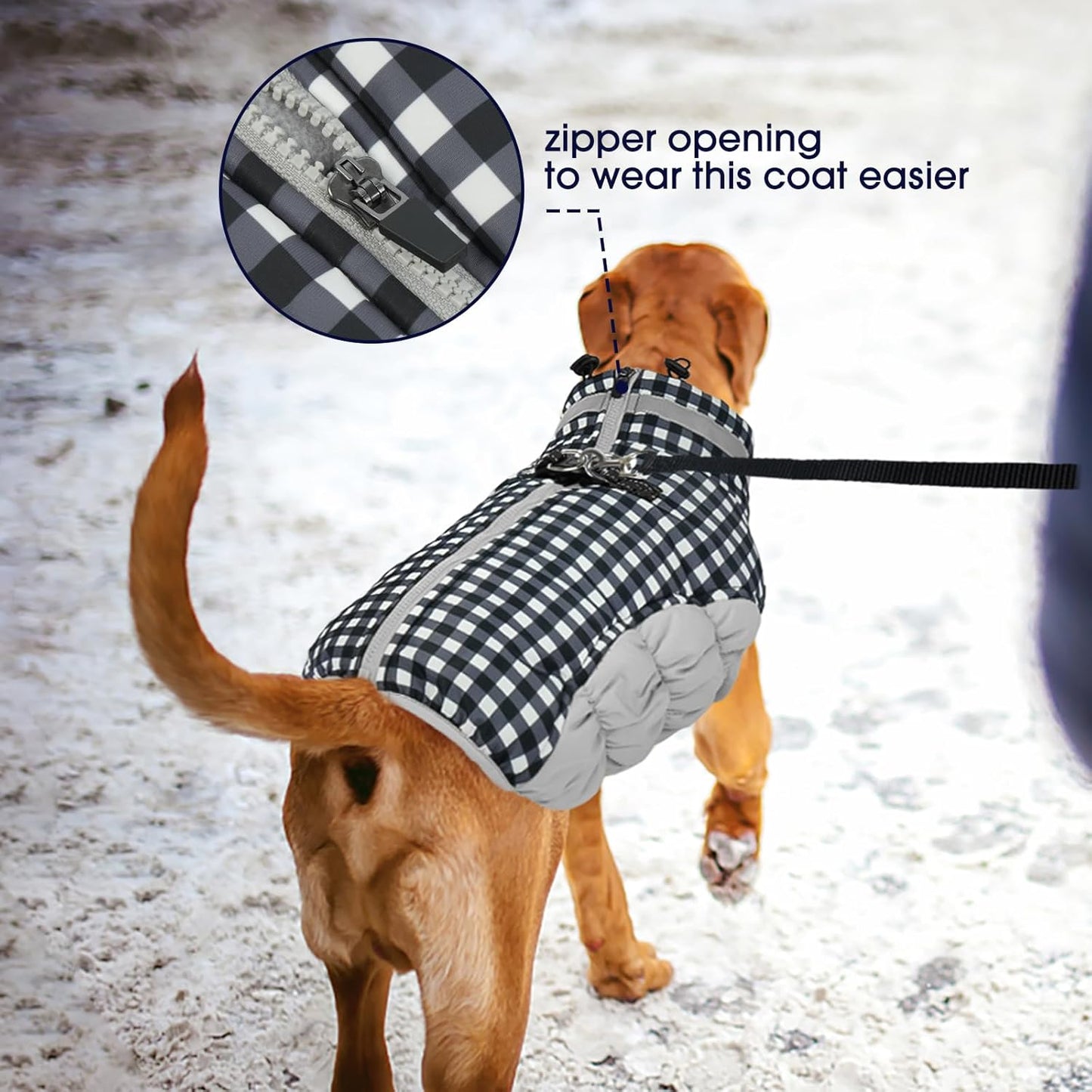FUAMEY Dog Coat for Large Dogs,Waterproof Dog Winter Jacket with Harness Built in Puppy Cold Weather Coats Reflective Pet Vest with Zipper Warm Fleece Dogs Snowsuit Windproof Checkerboard L