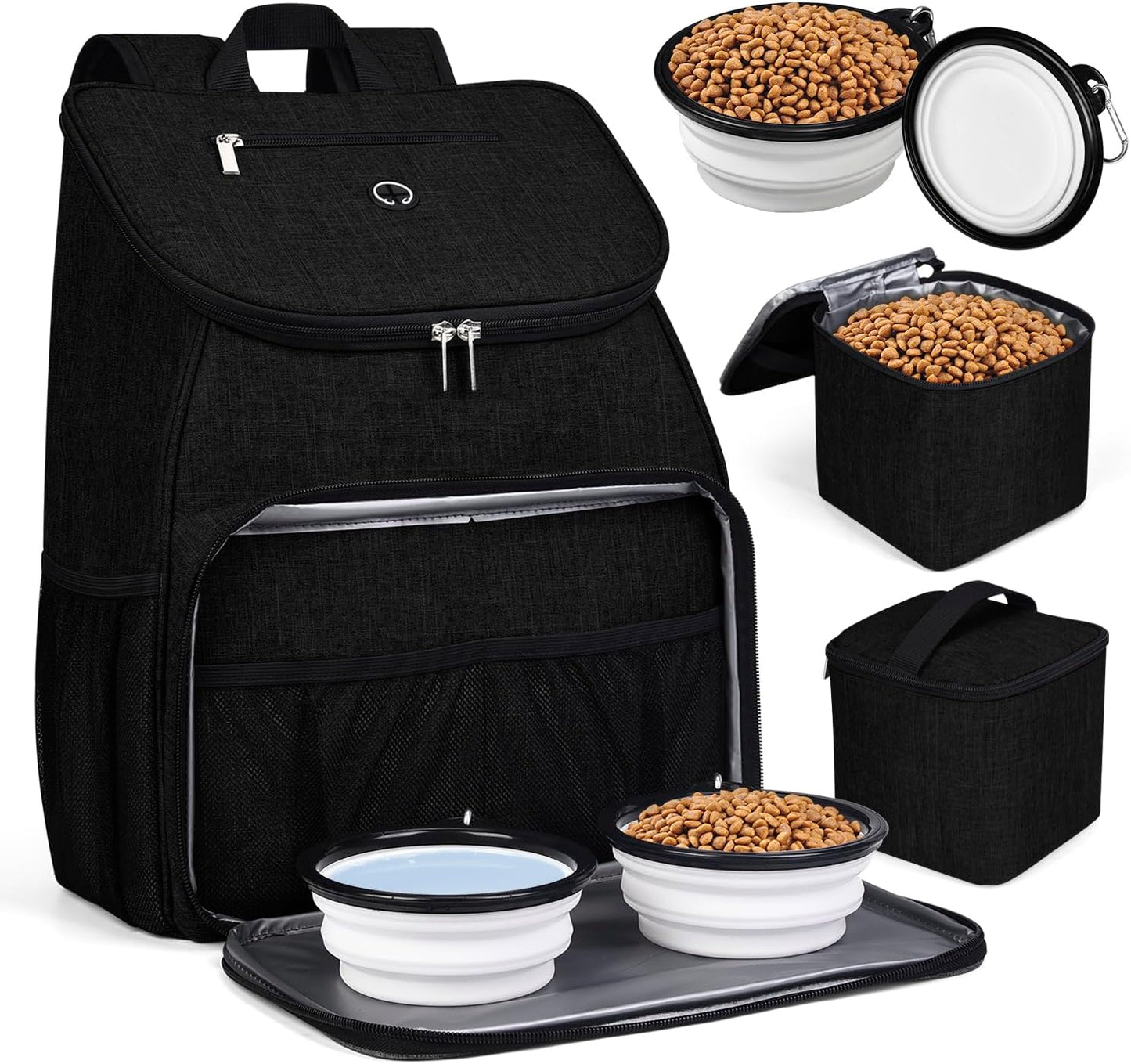BAGLHER丨Dog Travel Bag, Airline Approved Pet Supplies Backpack, Dog Travel Backpack Accessories Set with 2 Silicone Collapsible Bowls and 2 Food Baskets. Black - Pawvie