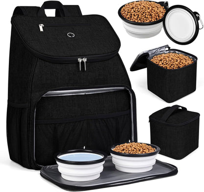 BAGLHER丨Dog Travel Bag, Airline Approved Pet Supplies Backpack, Dog Travel Backpack Accessories Set with 2 Silicone Collapsible Bowls and 2 Food Baskets. Black - Pawvie