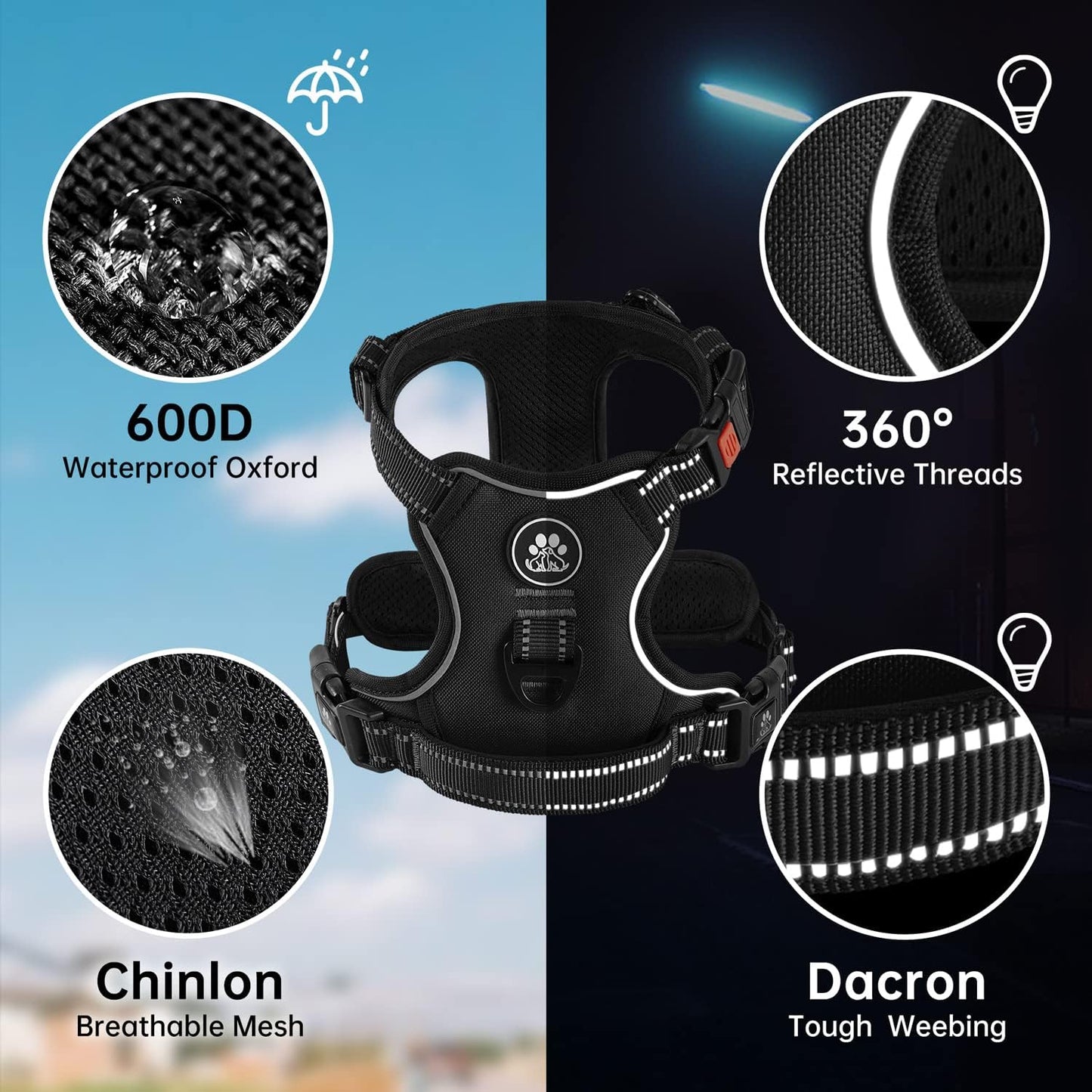 NESTROAD No Pull Dog Harness,Adjustable Oxford Dog Vest Harness with Leash,Reflective No-Choke Pet Harness with Easy Control Soft Handle for Small Medium Dogs(Medium,Black)