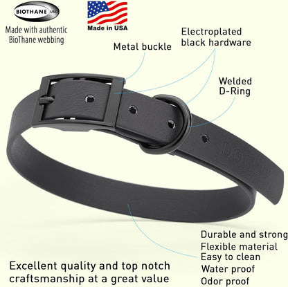 Dogline Biothane Waterproof Dog Collar Strong Coated Nylon Webbing with Black Hardware Odor- Proof for Easy Care Easy to Clean High Performance Fits Small Medium or Large Dogs, Black