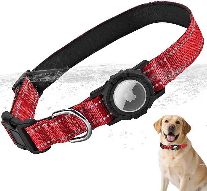 Airtag Dog Collar with Waterproof Air Tag Holder, Integrated Reflective Pet Collar with Soft Padding, Adjustable Nylon Collar for Small Medium Large Dogs, Red, S (11.8"-15.7")