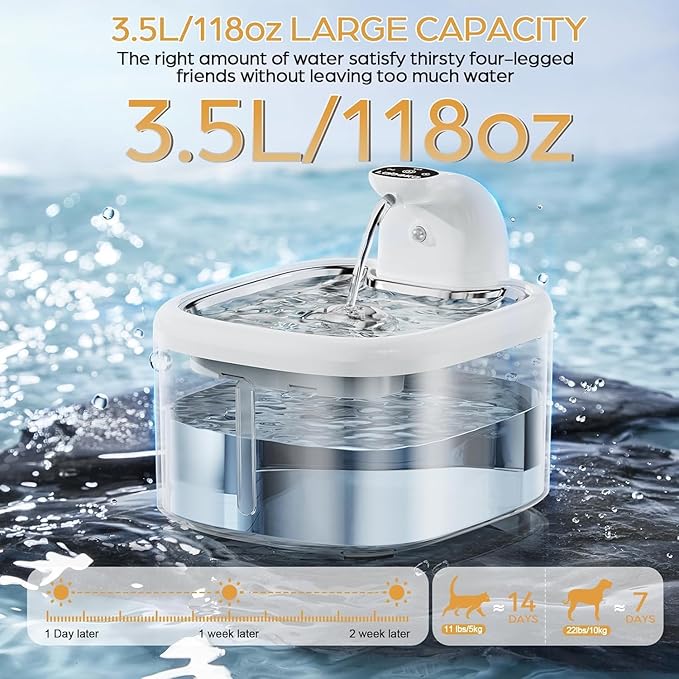 Cordless Cat Water Fountain 4000mAh 45 Days Use-3.5L Large Capacity Automatic Pet Fountain with Smart Sensing Modes, Ultra Quiet <30dB Pump, Pro Filtration System, Easy to Clean -TWCP01
