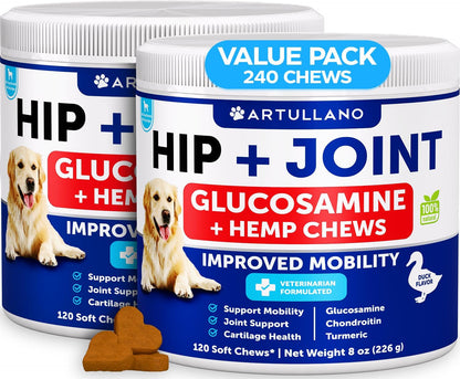 (2 Pack) Hemp Hip and Joint Supplement for Dogs - Glucosamine for Dogs Joint Pain Relief - Chews with Chondroitin, MSM, Hemp Oil - Mobility Support - Canine Cartilage Health - Made in USA