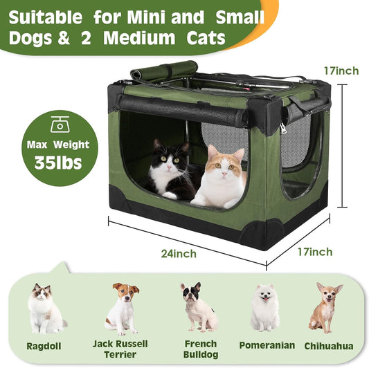 24" Small Dog Crate,Portable Crate for Small Dogs, Portable Travel Pet Crates,Soft Dog Crate Collapsible Dogs Crate,with 4 Mesh Doors, Foldable Car Kennel for Puppy with Handle for Outdoor - Green