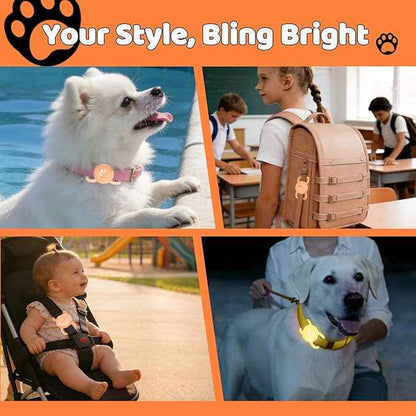 SANKALA Luminous Airtag Dog Collar Holder, [1 Pack] Glitter Waterproof Airtag Holder for Dog, Silicone Full Body Covered Anti-Lost Protective Airtag Case - Fits All Width Collars, Orange Glitter