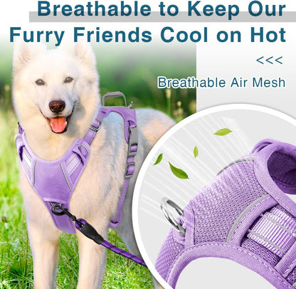 BARKBAY Dog Harness No Pull with ID Tag Pocket - Heavy Duty, Reflective, Easy Control for Large Dogs(Violet Purple,L)