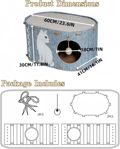 2-in-1 Large Cat House for Indoor Cats, Felt Cat Cave with Cushion, Dual Entrances & Sisal Ball Toy, Enclosed Bed for Large Cats or Multi-Cat Use, Supports 88 lbs