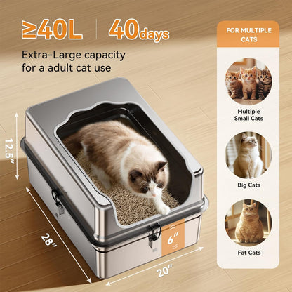 All-Metal 28" Extra Large Stainless Steel Cat Litter Boxes with Lid Metal Cat Litterbox Pan for Big Cats and Multiple Cats, Anti-Leakage, Easy Cleaning, Include Scoop