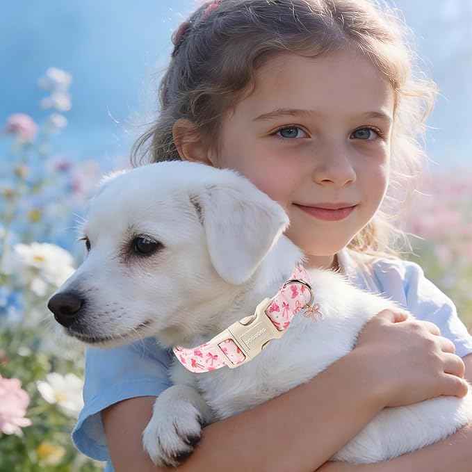 DOGWONG Pink Dog Collar, Cute Flower Girl Female Dog Collar Adjustable Soft Bowtie Print Pet Dog Collar for Medium Dogs,M