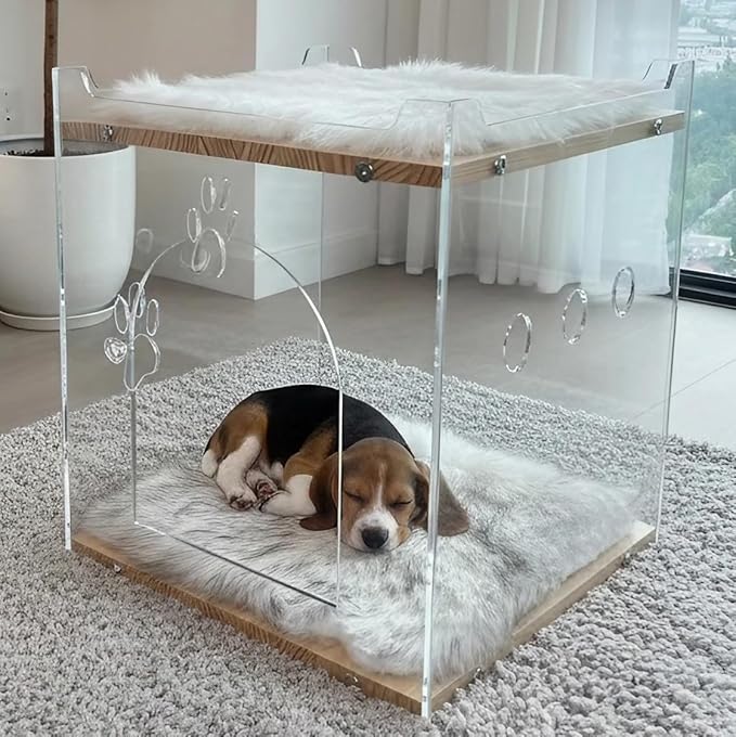 Cozy Double Layer Clear Wood Cat House for Indoor Cat Bed and Small Dog Bed - Soft Blanket Acrylic Square Design, Perfect Pet Necessities