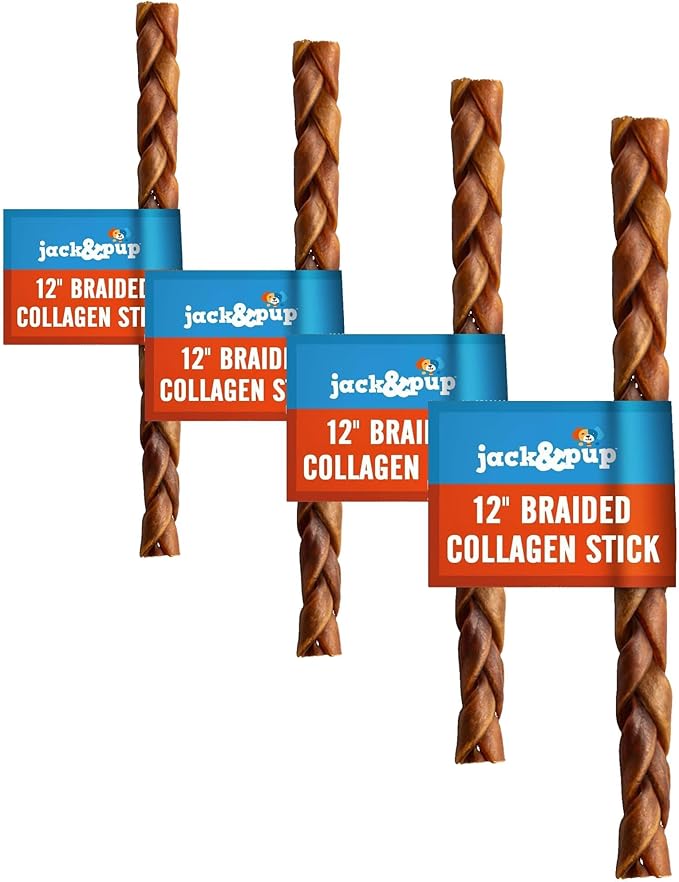 Jack&Pup 12" Braided Beef Collagen Sticks for Dogs - Rawhide Free Dog Chews Long Lasting Collagen Chews for Dogs - Bully Sticks Alternative (4 Pack)