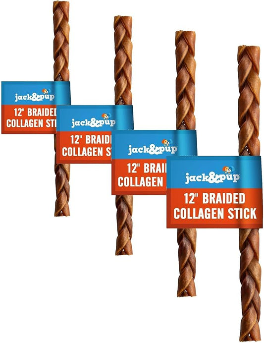 Jack&Pup 12" Braided Beef Collagen Sticks for Dogs - Rawhide Free Dog Chews Long Lasting Collagen Chews for Dogs - Bully Sticks Alternative (4 Pack)