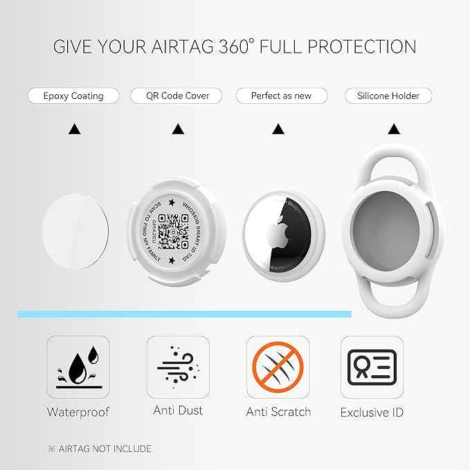 QR Code Airtag Holder, Scan QR Code Send Location Alert Email, Waterproof Full Body Protection Anti-Lost Air Tag Case, Airtag Accessories for Dog, Cats, Collar, Backpack (White, Small)