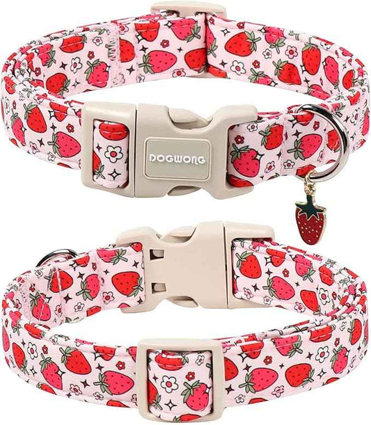 DOGWONG Strawberry Dog Collar, Cute Pink Strawberry Pet Collars with Quick Release Buckle for Puppy Small Medium Large Boy Girl Dogs-S
