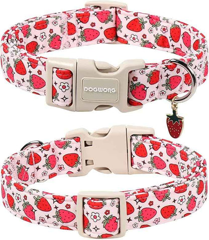 DOGWONG Strawberry Dog Collar, Cute Pink Strawberry Pet Collars with Quick Release Buckle for Puppy Small Medium Large Boy Girl Dogs-M