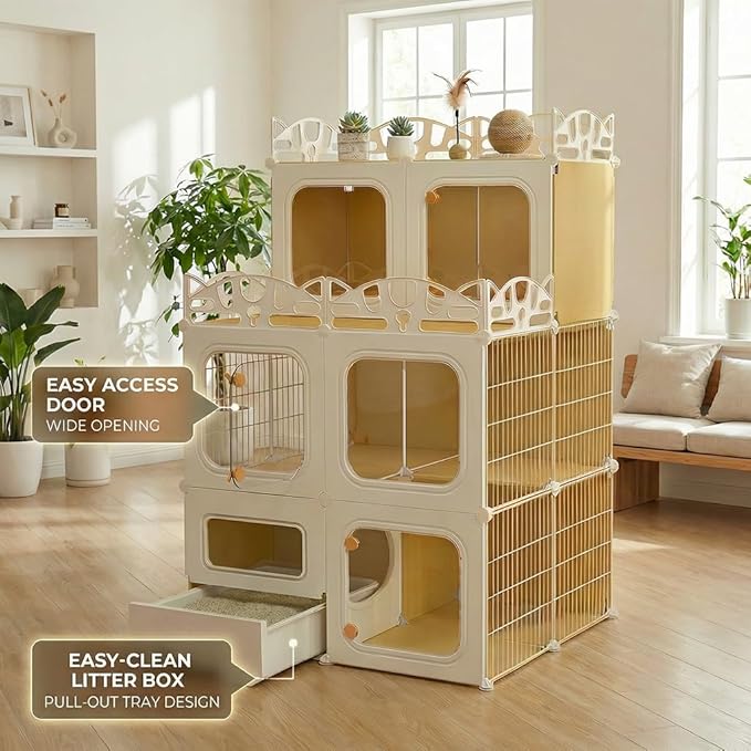Cat Cage with Built-in Litter Box & Interactive Platform, Top Storage Shelf, Cat Cage Indoor & Outdoor Use, Expandable Cat Playpen