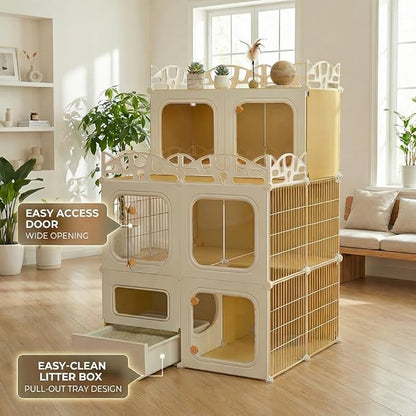 Cat Cage with Built-in Litter Box & Interactive Platform, Top Storage Shelf, Cat Cage Indoor & Outdoor Use, Expandable Cat Playpen