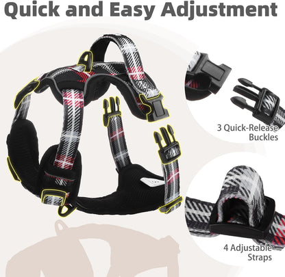 PUPTECK No Pull Dog Harness Small Sized, Adjustable Reflective Dog Harness with Handle Easy Control, Comfortable Soft Padded Pet Vest Harness for Small Dogs, Plaid Black L