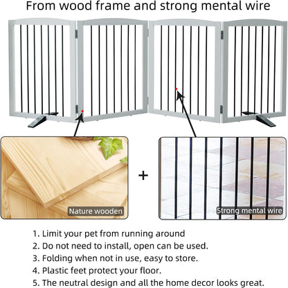 ZJSF Freestanding Panel Gate for Indoor Doorways, Stairs, or Hallways - Foldable White Wooden Dog Gates - Support Feet Included - 32" Height - 4 Panels