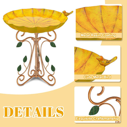 Vintage Metal Bird Bath for Outside, 13" Dia Birdbaths Bowl with Cast Iron Pedestal, Large Antique Bird Feeder with Folding Bracket for Outdoors Garden Patio Yard Decor (Retro Yellow)