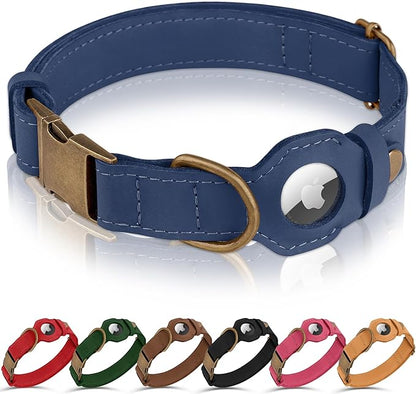 AirTag Dog Collar - Genuine Leather Dog Collar with Apple AirTag Holder and Metal Buckle - Smart GPS Tracking Pet Collars (Smoky Blue, L, 17"-21" Neck Fit)