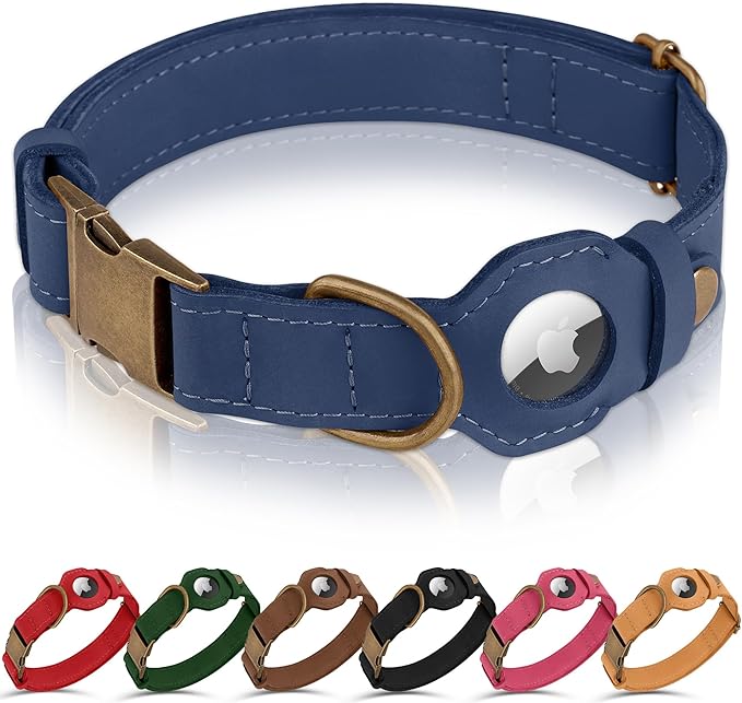 AirTag Dog Collar - Genuine Leather Dog Collar with Apple AirTag Holder and Metal Buckle - Smart GPS Tracking Pet Collars for Small Medium Large Dogs Puppy (Smoky Blue, S, 12"-15" Neck Fit)