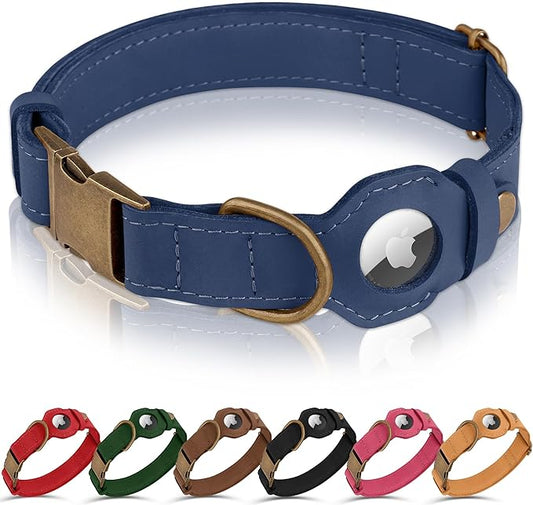 AirTag Dog Collar - Genuine Leather Dog Collar with Apple AirTag Holder and Metal Buckle - Smart GPS Tracking Pet Collars for Small Medium Large Dogs Puppy (Smoky Blue, S, 12"-15" Neck Fit)