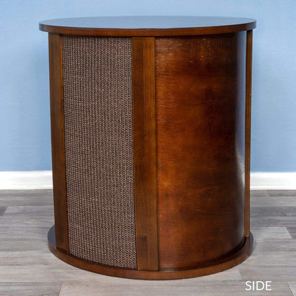 THE REFINED FELINE Purrrrfect End Table Cat Bed Cave in Mahogany Brown, Multipurpose Wood Cat Furniture Nightstand, Easy to Clean Covered Cat Bed with Replaceable Scratching Post & Washable Cushion