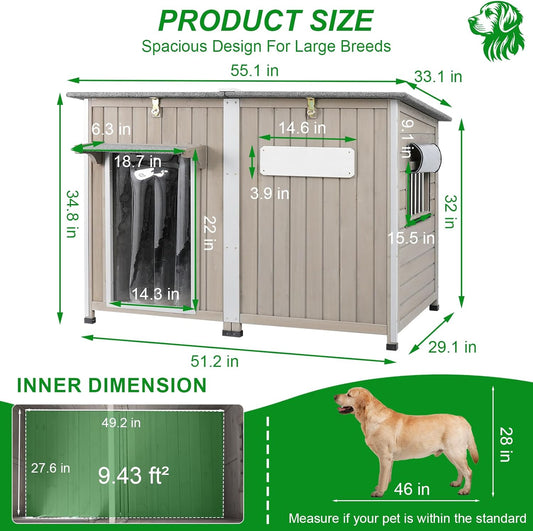 Dog House Outdoor Weatherproof & Wooden Dog Kennel with Chew-Proof Iron Frame,Removable Floor, Adjustable Vent Window, Easy Assembly for Large and Extra-Large Dogs 55.1" D x 33.1" W x 34.8" H
