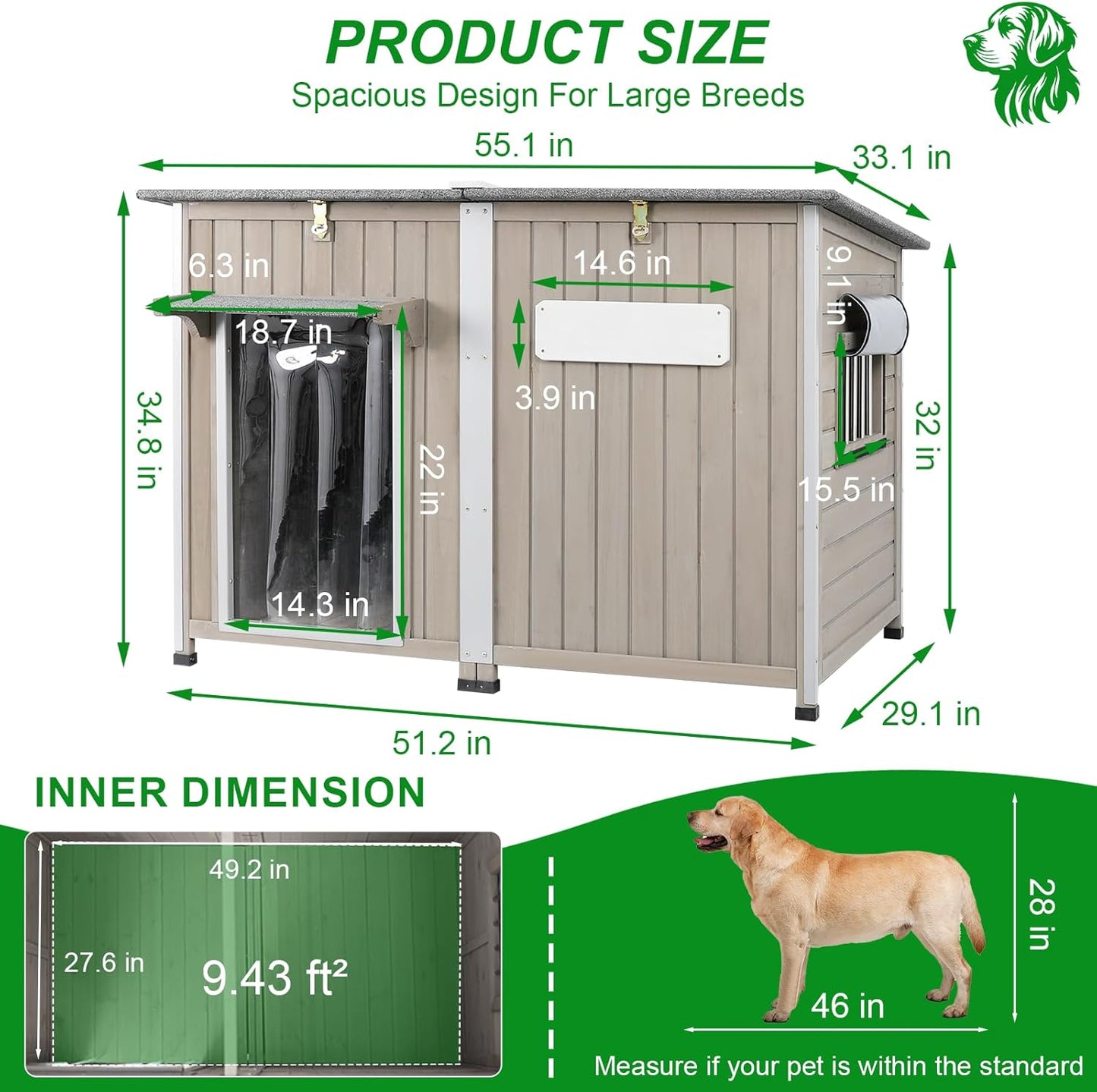 Dog House Outdoor Weatherproof & Wooden Dog Kennel with Chew-Proof Iron Frame，Removable Floor, Adjustable Vent Window, Easy Assembly for Large and Extra-Large Dogs 55.1" D x 33.1" W x 34.8" H