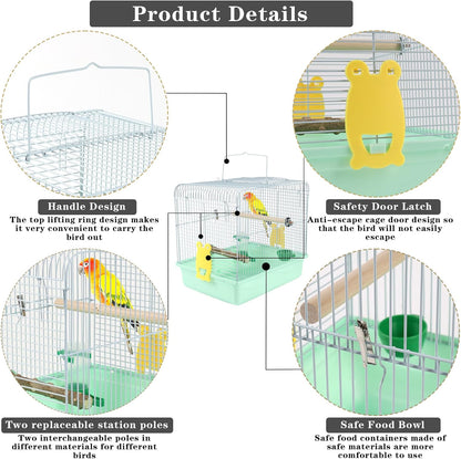 Portable Bird Cage for Small Birds - Green Bird Cage for Travel, Going Out, Walking to The Vet with Station Pole Food Box Water Fountain