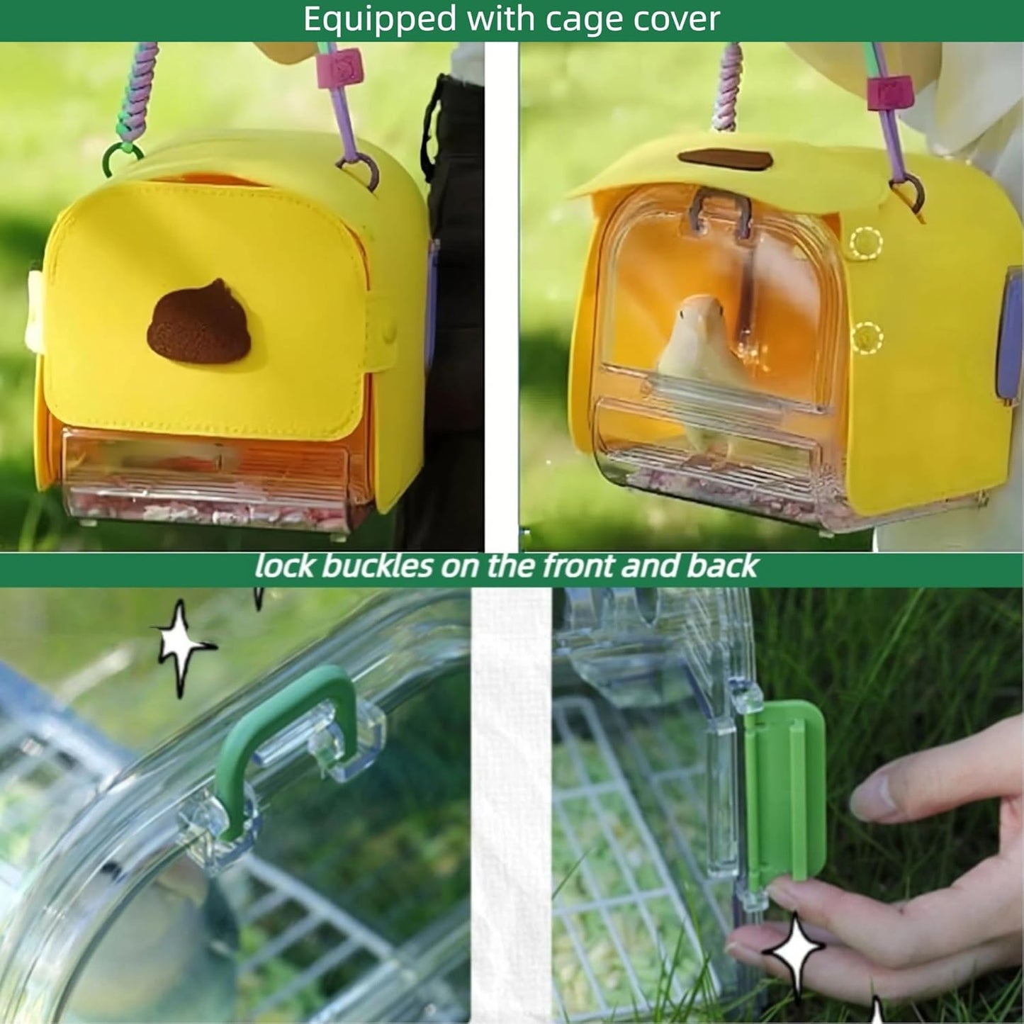 Small Bird Travel Cage Carrier,Portable Plastic Bird Cages,Portable Bird Carrier with Clear Acrylic Design, Travel Cage with Cover, Indoor Outdoor Use (Yellow)