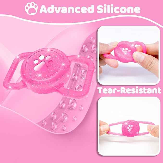 SANKALA Luminous Airtag Dog Collar Holder, [1 Pack] Glittery Waterproof Airtag Holder for Dog, Silicone Full Body Covered Anti-Lost Protective Airtag Case - Fits All Width Pet Collars, Pink Glitter