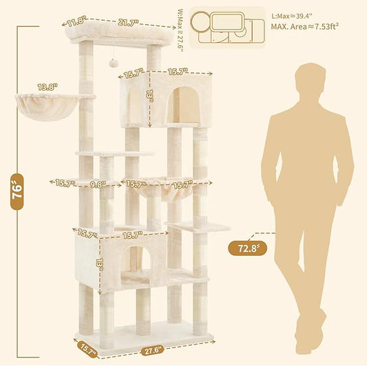 Heybly Cat Tree, 76-Inch Tall Heavy Duty Cat Tower for Big Cats with Extra Wide Baseboard, Multi-Level Large Cat Furniture with 2 Condos & 2 Hammocks, 10 Scratching Posts, Beige HCT039M