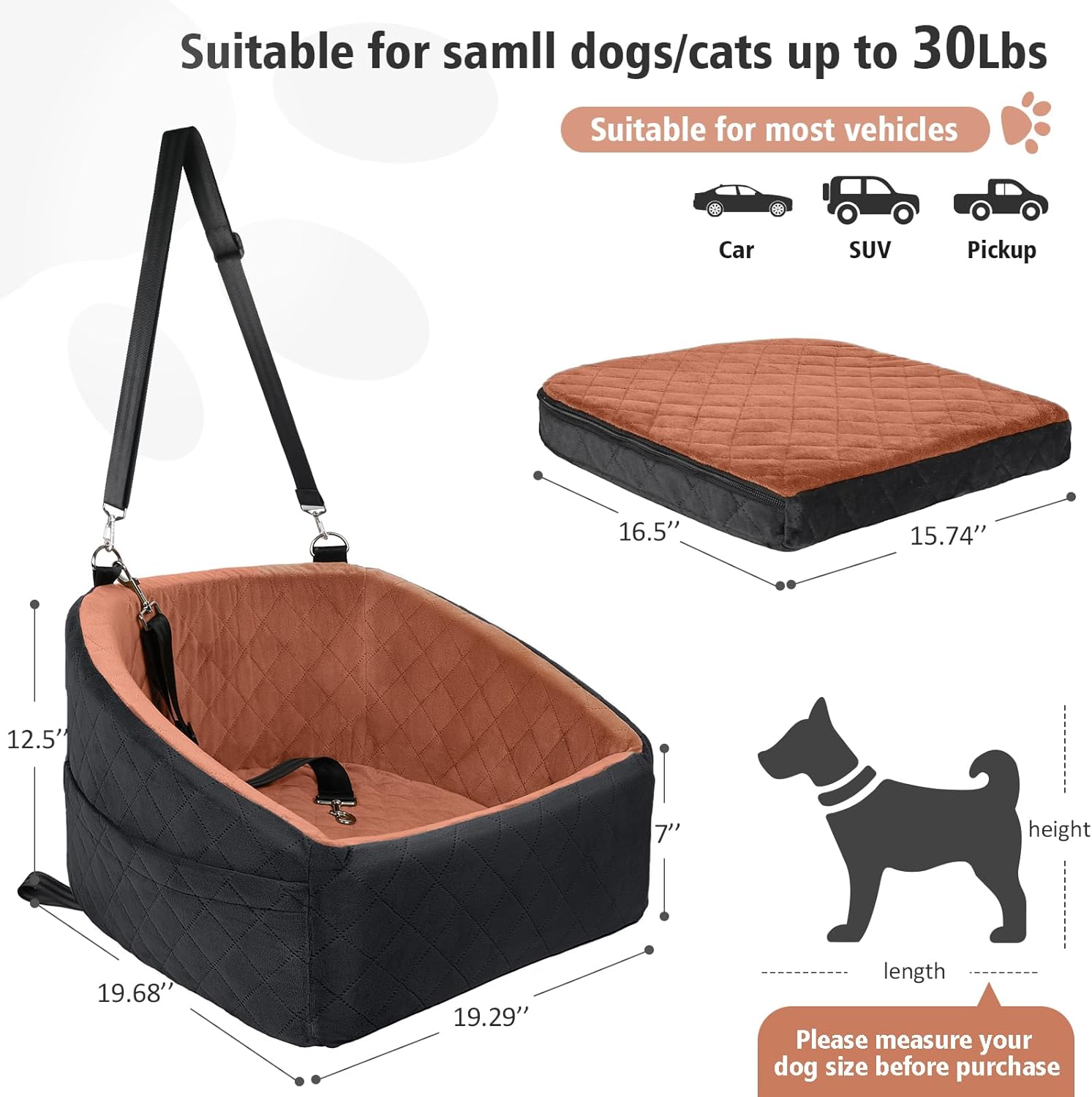 Dog Car Seat for Small Medium Dogs,Detachable Washable Dog Booster Seat Under 30lbs, Pet Car Seats Travel Bed with Storage Pockets and Safety Belt(Black/Z) - Pawvie