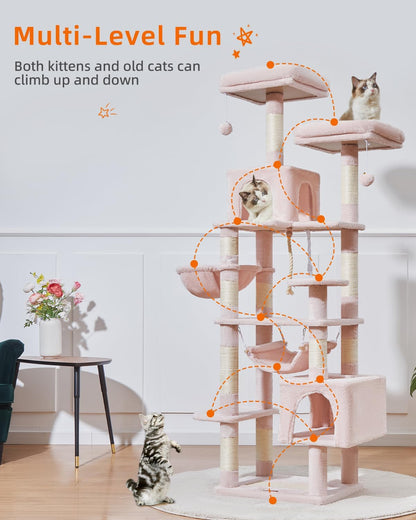 Taoqimiao Cat Tree, 71-Inch Cat Tree Cat Tower for Indoor Cats, Plush Multi-Level Cat Condo with 10 Scratching Posts, 2 Perches,Basket, 2 Caves,Hammock, 2 Pompoms,MS020P Jelly Pink