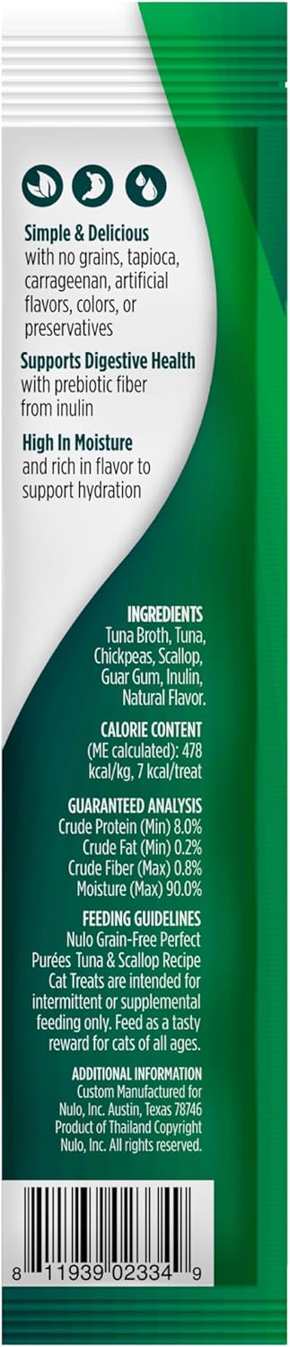Nulo Freestyle Grain-Free Perfect Purees Premium Wet Cat Treats, Squeezable Meal Topper for Felines, High Moisture Content to Support Cat Hydration, 0.5 Ounce, Tuna & Scallop