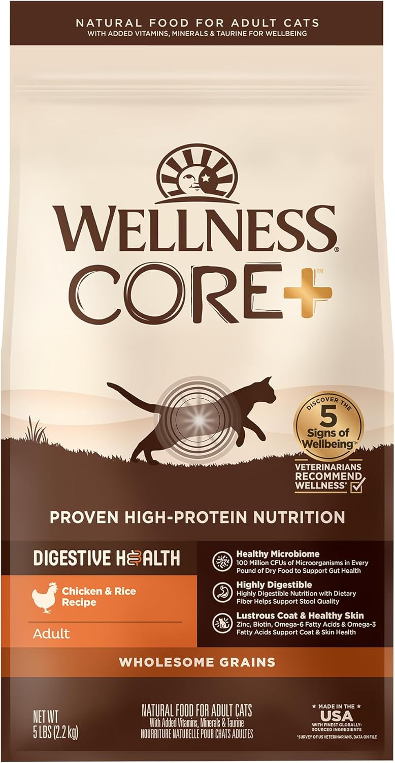 Wellness CORE+ Adult Dry Cat Food for Indoor and Outdoor Cats, Wholesome Grains, Natural, Digestive Health Chicken & Rice (5 Pound Bag)