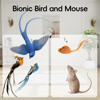 Interactive Bird Simulation Cat Feather Toy Set Cat Retractable Wand Toys Suction Cups Base,Include Detachable 7 Pcs Replacements Feathers Toys